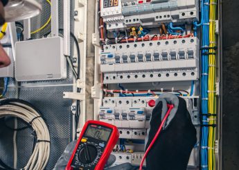 Man, an electrical technician working in a switchboard with fuses. Installation and connection of electrical equipment. Professional uses a tablet.