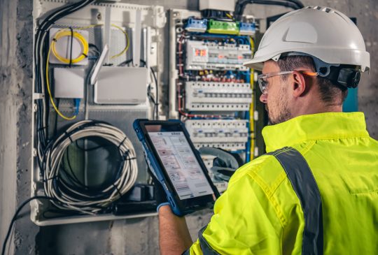 Man, an electrical technician working in a switchboard with fuses. Installation and connection of electrical equipment. Professional uses a tablet.